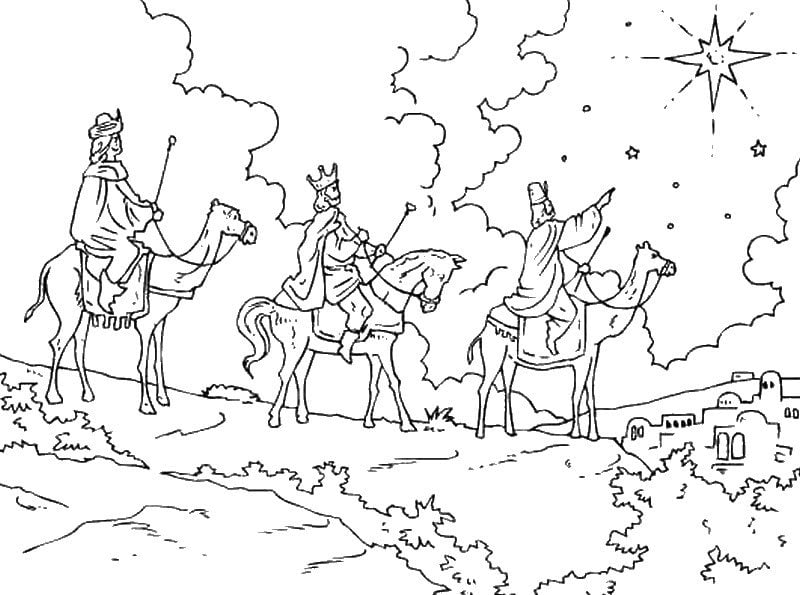 Online coloring book: The wise men follow the star of Bethlehem coloring page